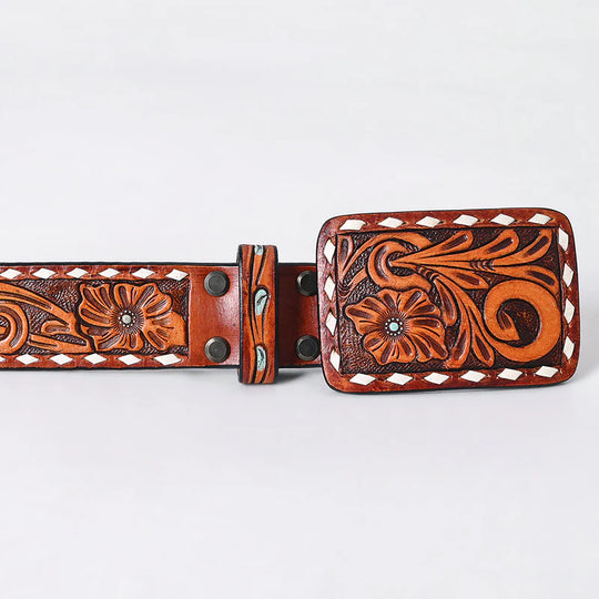 American Darling - Gracie Hand Tooled Western Leather Belt Floral Swirl with White Diamond Border