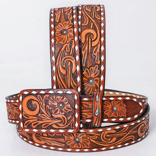 American Darling - Gracie Hand Tooled Western Leather Belt Floral Swirl with White Diamond Border