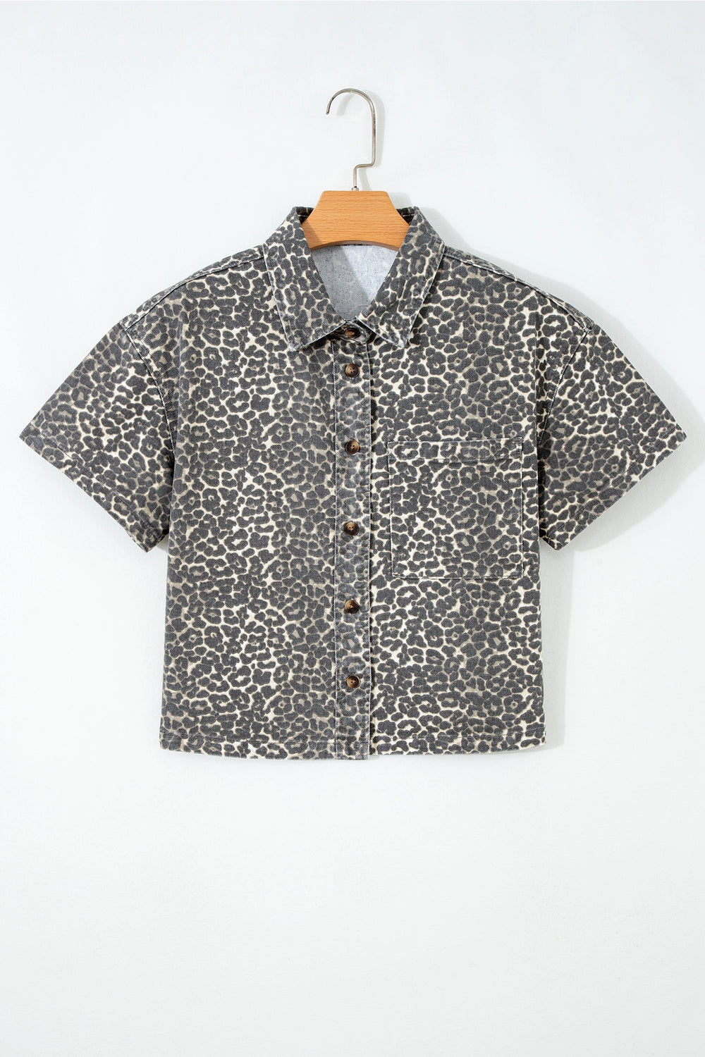 Buffalo Belle - Women's Leopard Denim Short Sleeve Button Crop Shirt