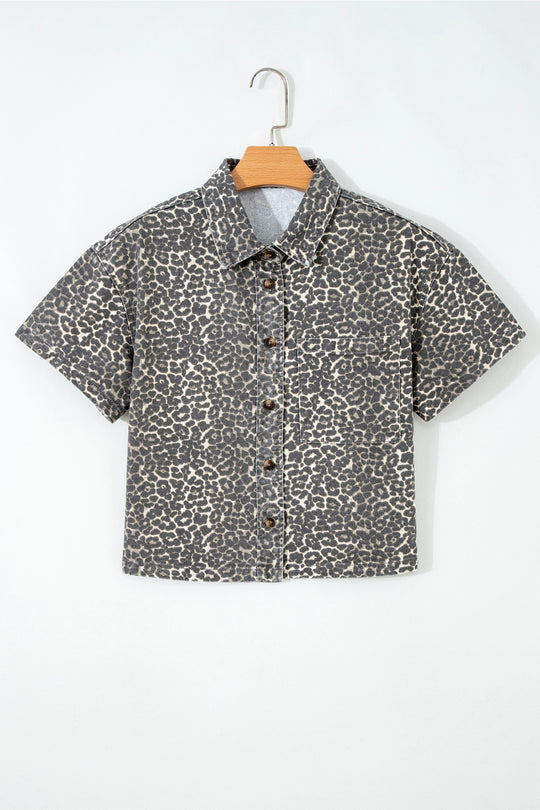 Buffalo Belle - Women's Leopard Denim Short Sleeve Button Crop Shirt
