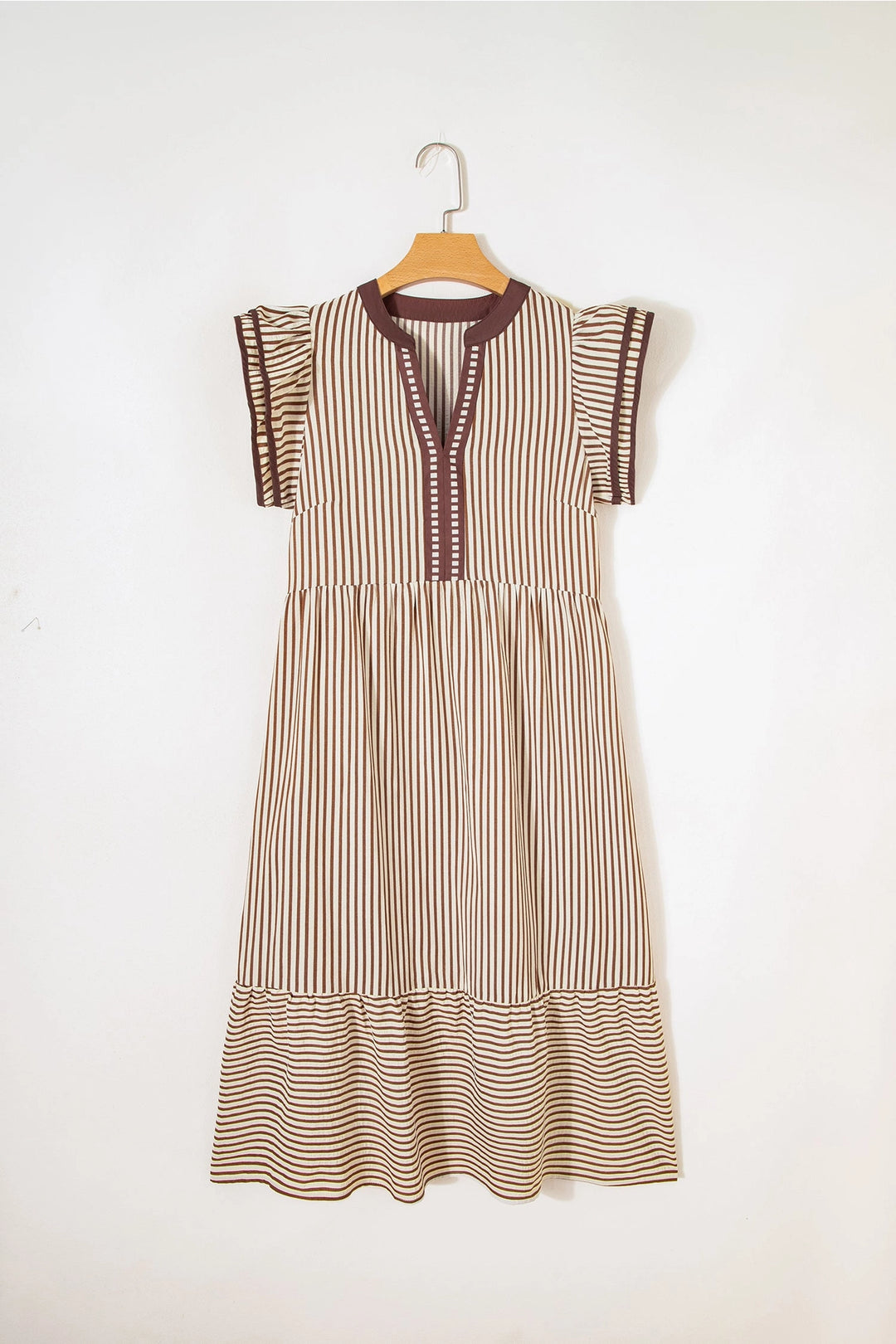 Buffalo Belle - Women's Stripe Ruffle Short Sleeve V-Neck Midi Dress
