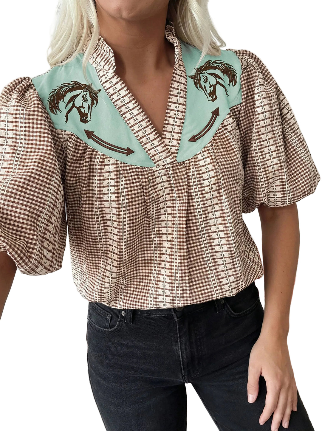 Buffalo Belle - Beige Pony Gigham Yoke Blouse