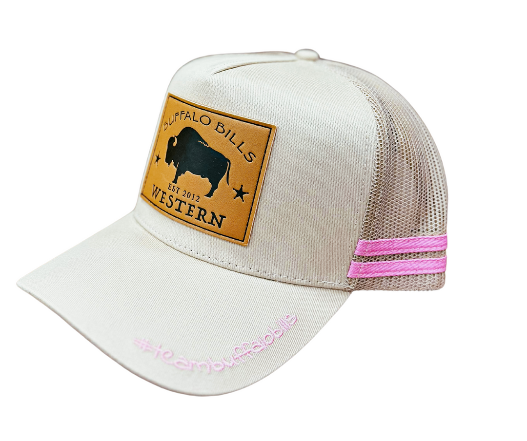 BBWS - Cream/Pink Bison Leather Patch Cap
