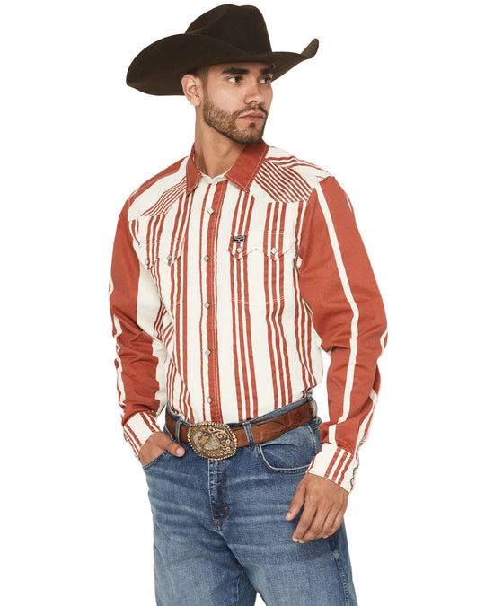 Kimes Ranch - Men's Bandit Striped Long Sleeve Pearl Snap Western Shirt Brick Red