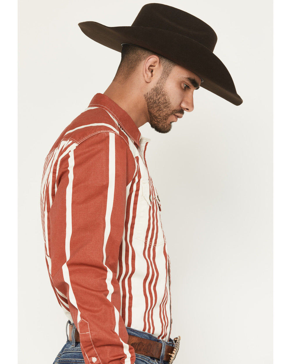 Kimes Ranch - Men's Bandit Striped Long Sleeve Pearl Snap Western Shirt Brick Red
