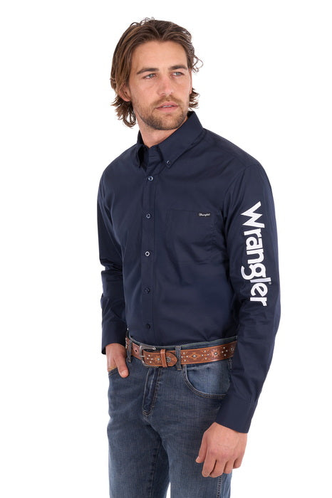 Wrangler - Mens Navy Flex Logo 1PKT Long Sleeve Shirt