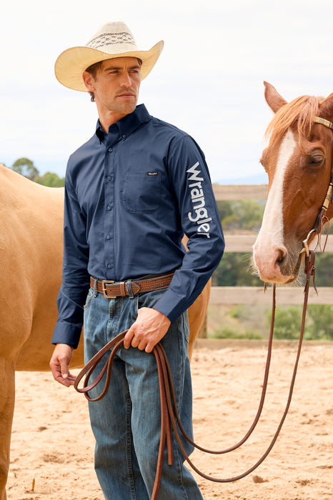 Wrangler - Mens Navy Flex Logo 1PKT Long Sleeve Shirt