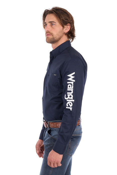 Wrangler - Mens Navy Flex Logo 1PKT Long Sleeve Shirt