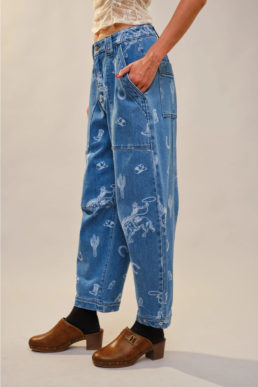 Buffalo Belle - Western Print Denim Barrel Leg Pants