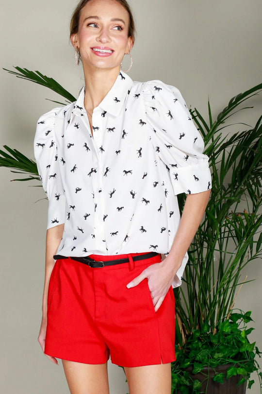 Buffalo Belle - Puff Sleeve Collard Horse Print Blouse Off White