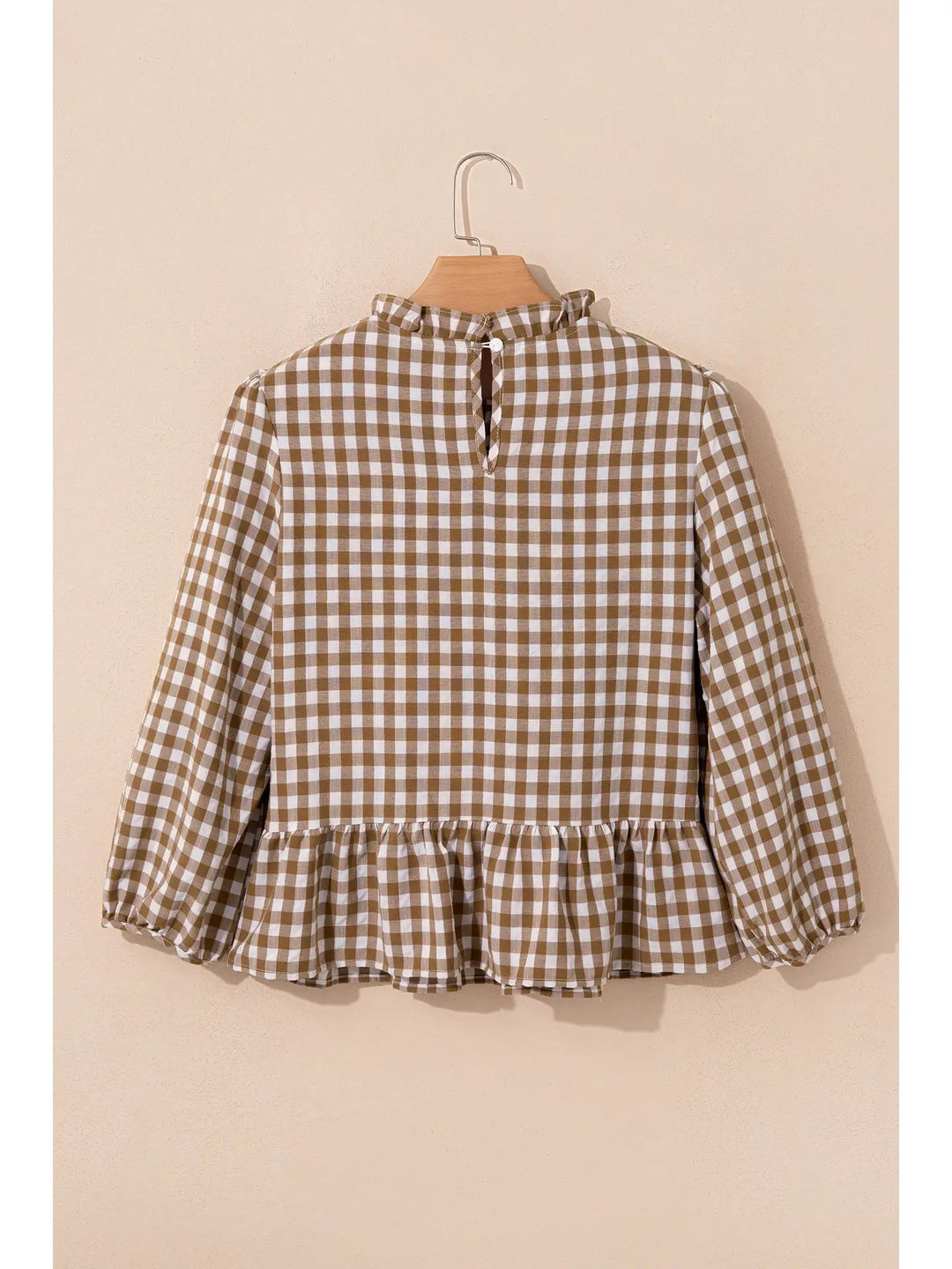 Buffalo Belle - Womens Gingham Smocked 3/4 Sleeve Ruffle Blouse