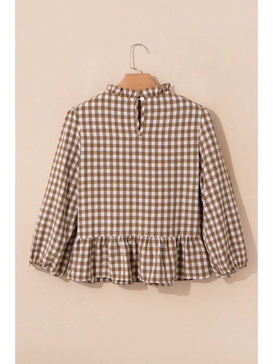 Buffalo Belle - Womens Gingham Smocked 3/4 Sleeve Ruffle Blouse