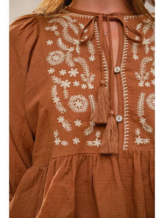 Buffalo Belle - Gabby 3/4 Puff Sleeve Embroidered Peplum Blouse