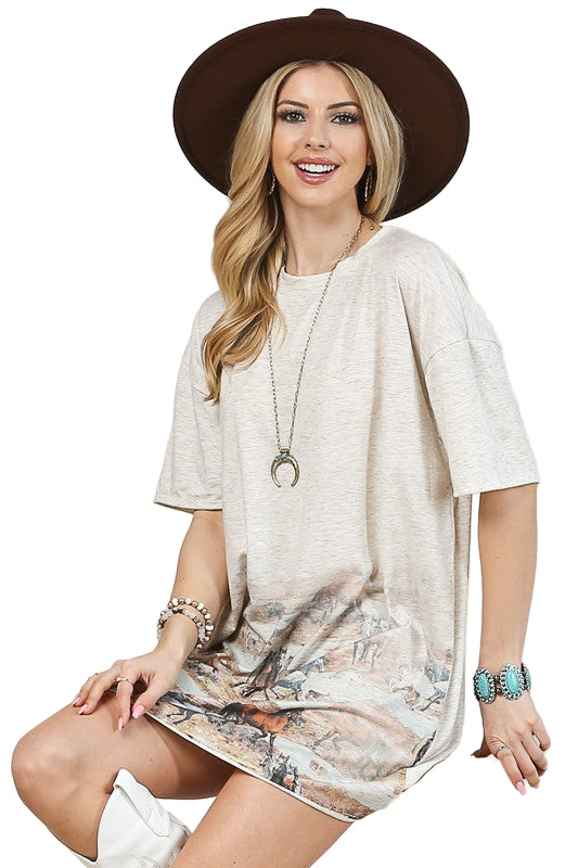Buffalo Belle - Womens Wild Horses Shirt Dress Oatmeal