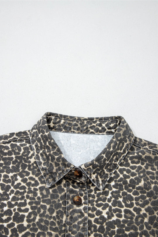 Buffalo Belle - Women's Leopard Denim Short Sleeve Button Crop Shirt