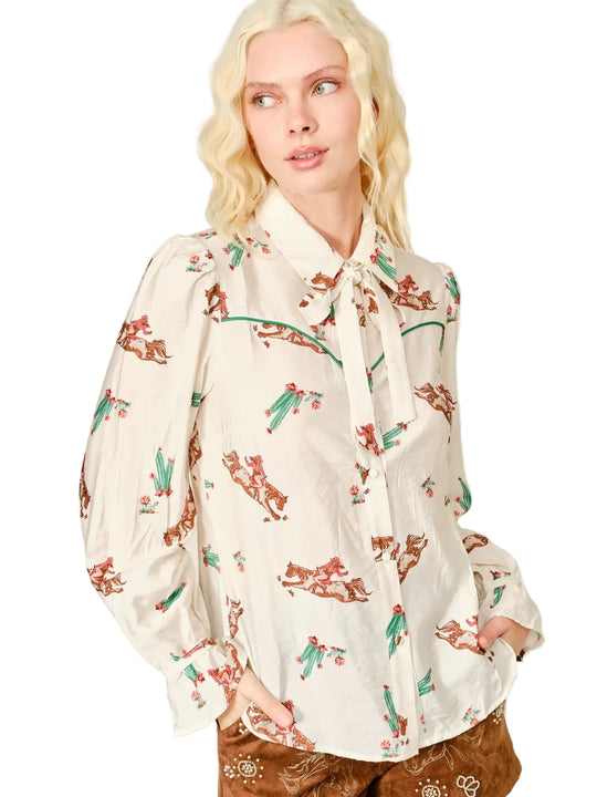 Buffalo Belle - Women's Western Print Neck Tie Blouse