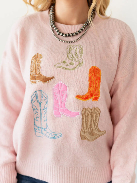 Buffalo Belle - Baby Pink Cowgirl Boot Sweater