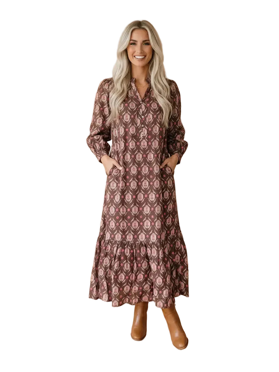 Buffalo Belle - Womens Floral Button Front Ruffle Hem Midi Dress