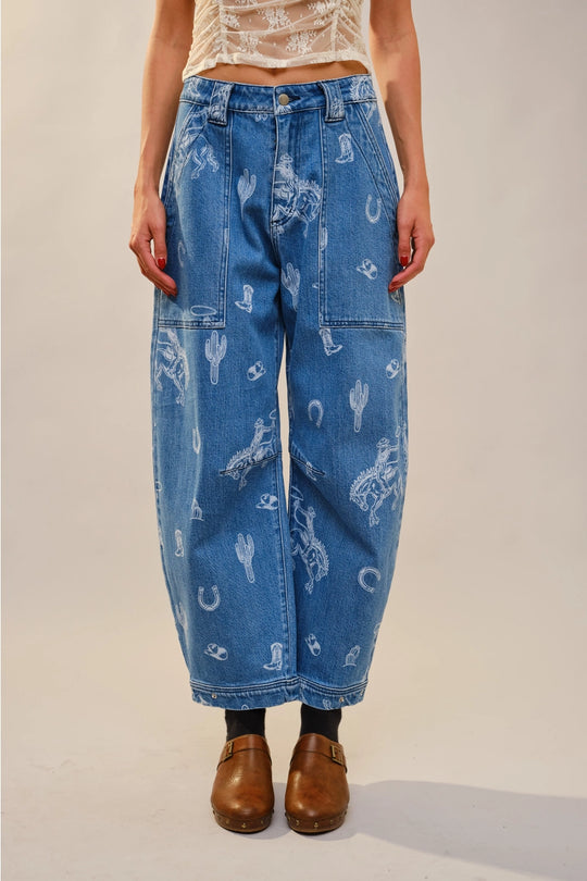 Buffalo Belle - Western Print Denim Barrel Leg Pants