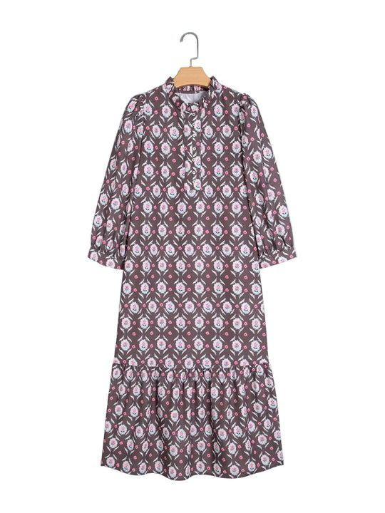 Buffalo Belle - Womens Floral Button Front Ruffle Hem Midi Dress