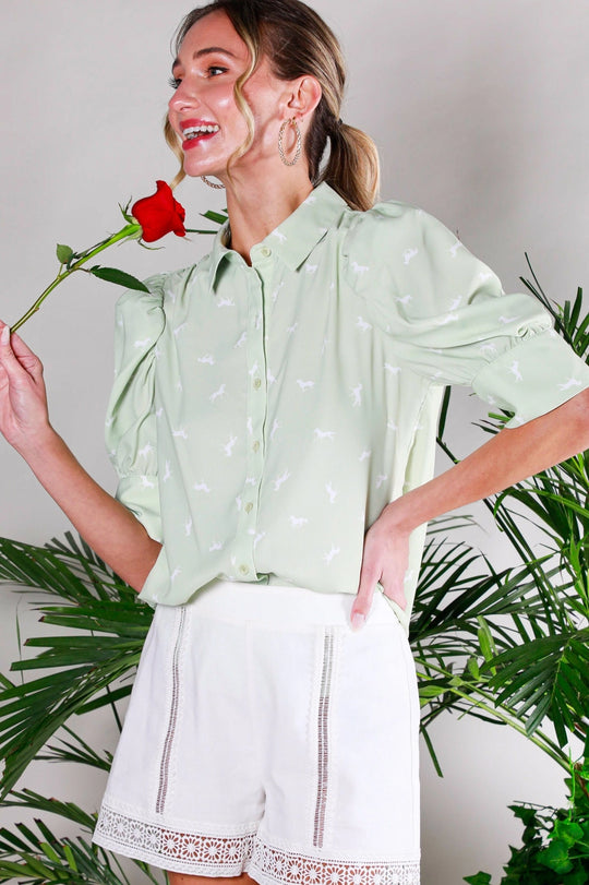 Buffalo Belle - Puff Sleeve Collard Horse Print Blouse Sage
