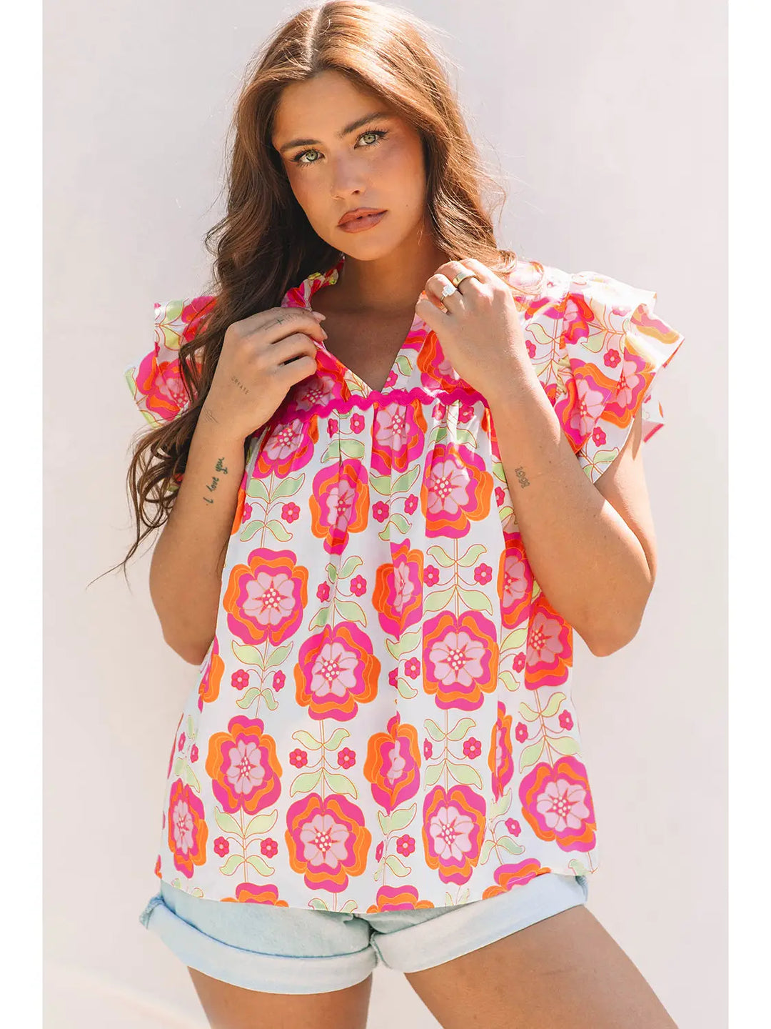 Buffalo Belle - Womens Floral Ricrac Trim Ruffle Sleeve Blouse