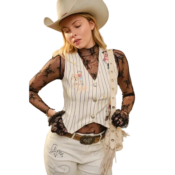 Buffalo Belle - Womens Pinstripe Embroidered Denim Crop Vest