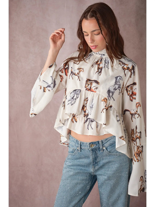Buffalo Belle - High Neck Horse Print Ruffle Top