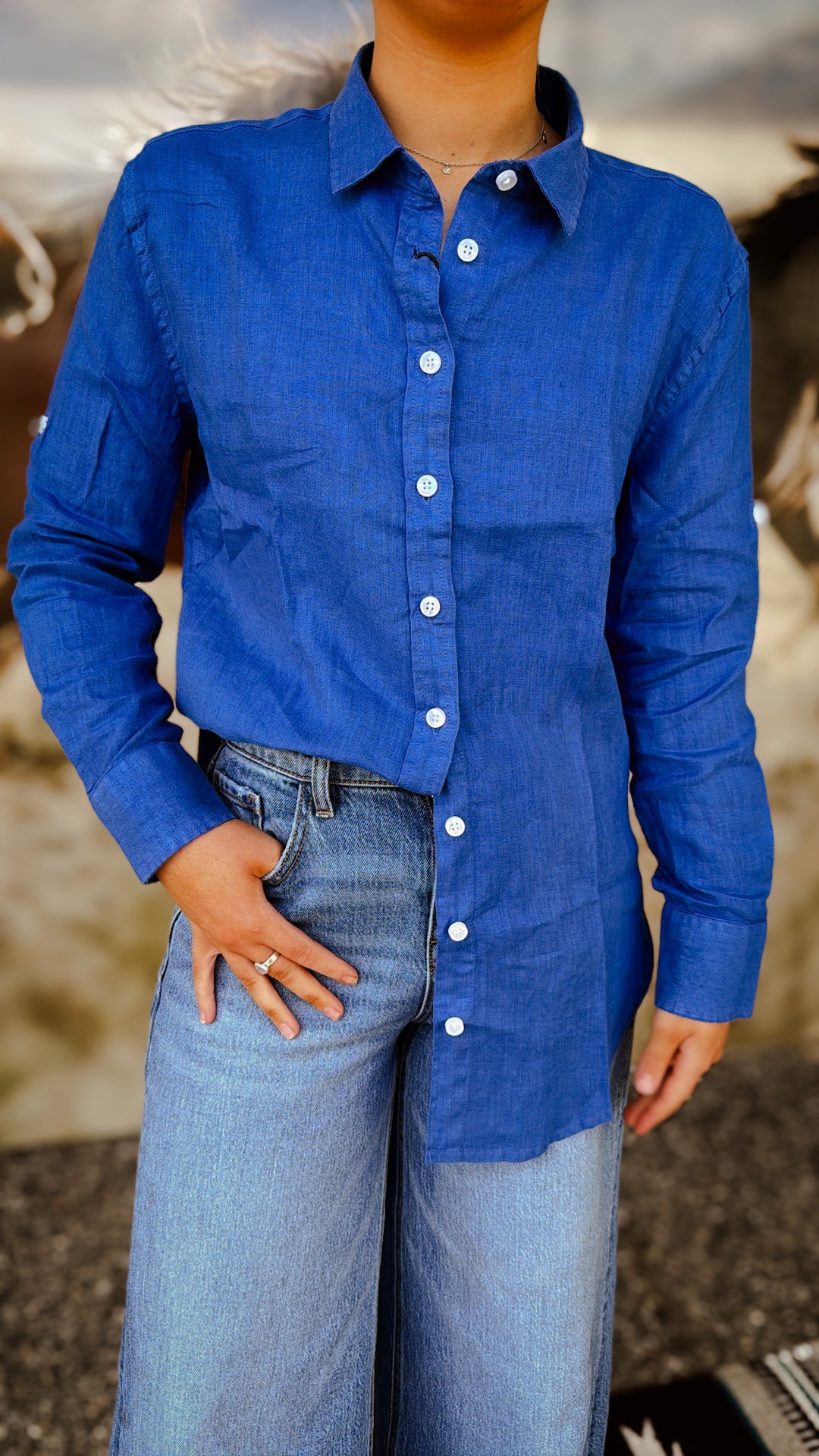 Ritemate - Womens Long Sleeve Linen Blouse - Deep Blue