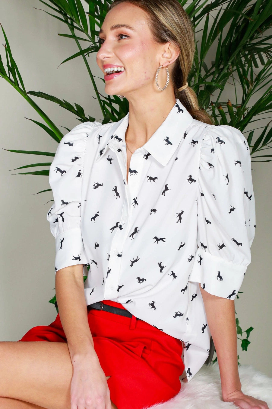 Buffalo Belle - Puff Sleeve Collard Horse Print Blouse Off White