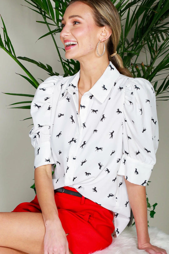 Buffalo Belle - Puff Sleeve Collard Horse Print Blouse Off White
