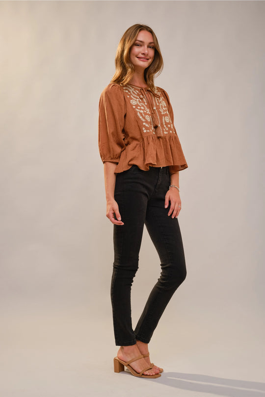 Buffalo Belle - Gabby 3/4 Puff Sleeve Embroidered Peplum Blouse
