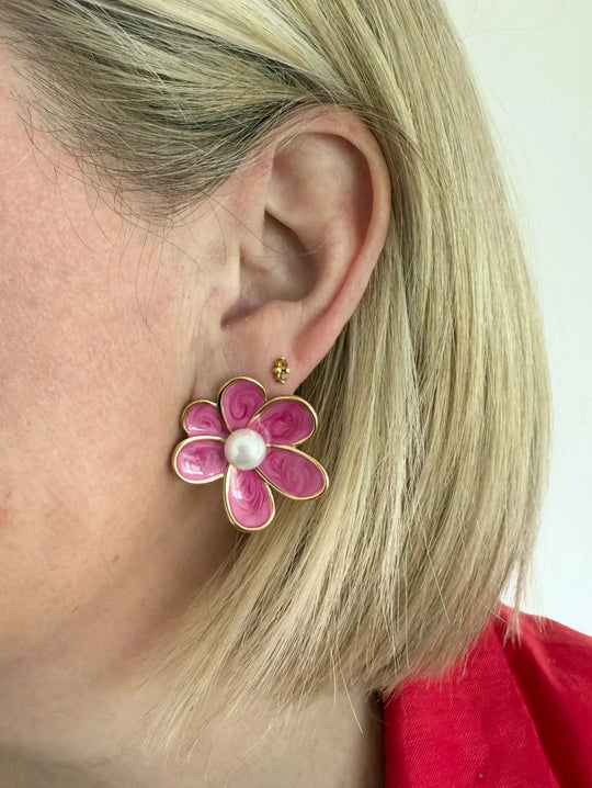Buffalo Belle - Bronte Dark Pink Enamel Flower Earrings