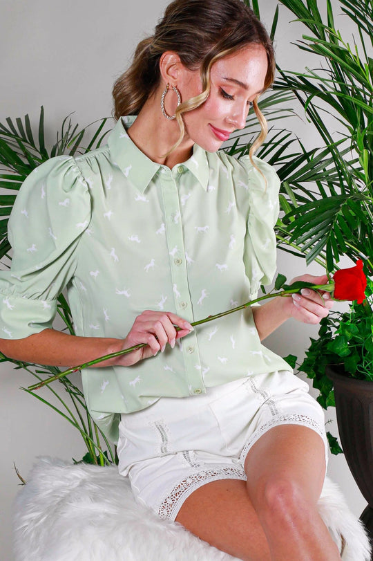Buffalo Belle - Puff Sleeve Collard Horse Print Blouse Sage
