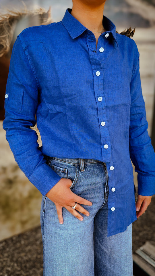 Ritemate - Womens Long Sleeve Linen Blouse - Deep Blue