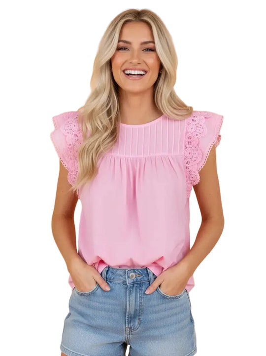 Buffalo Belle - Womens Lace Flutter Sleeve Pink Pleated Blouse
