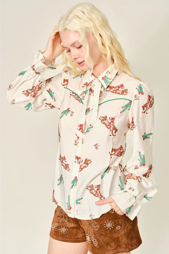 Buffalo Belle - Women's Western Print Neck Tie Blouse