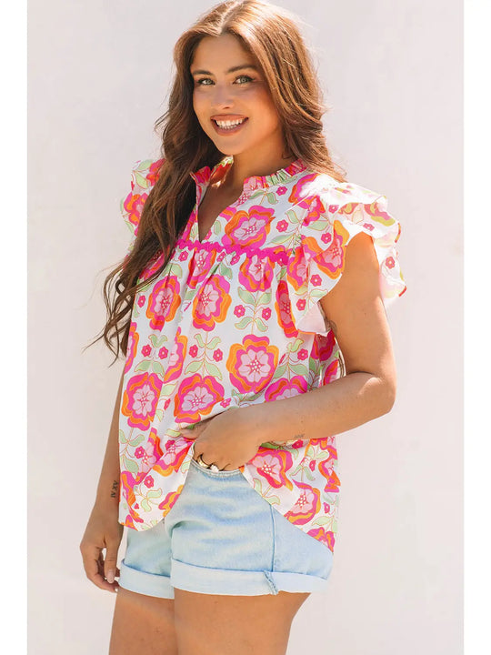 Buffalo Belle - Womens Floral Ricrac Trim Ruffle Sleeve Blouse