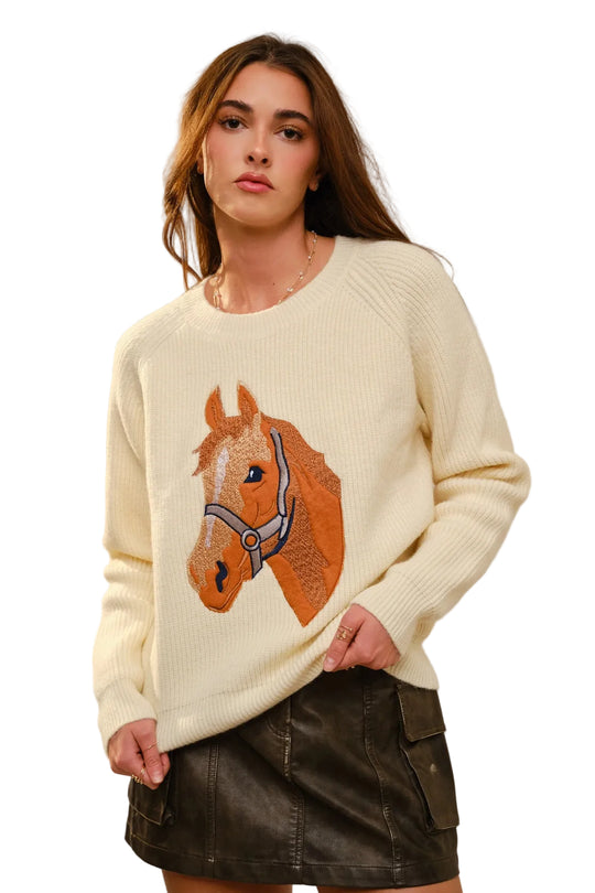 Buffalo Belle - Womens Cream Horse Embroidery Knit  Sweater