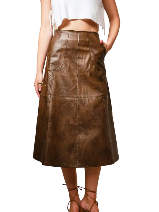 Buffalo Belle - Zigzag Seam Faux Leather Midi Skirt