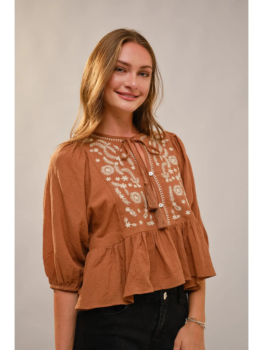Buffalo Belle - Gabby 3/4 Puff Sleeve Embroidered Peplum Blouse
