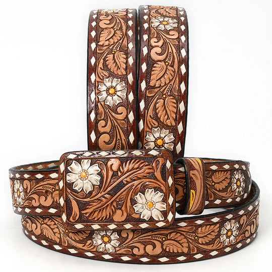 American Darling - Emery Handtooled Western Leather Belt White Daisy Floral Design With Matching Buckle