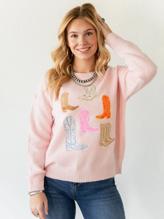 Buffalo Belle - Baby Pink Cowgirl Boot Sweater
