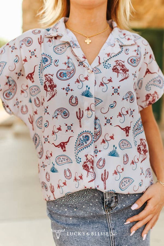 Buffalo Belle - Western Ivory Paisley Printed Button Down Blouse