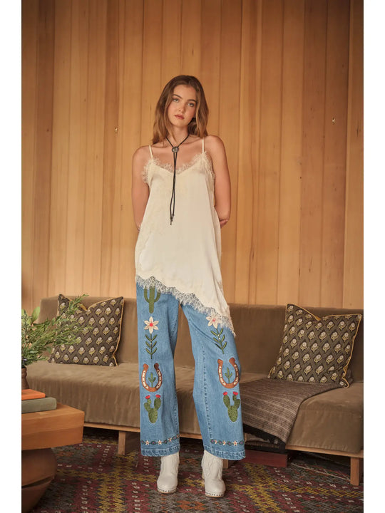 Buffalo Belle - Womens Wide Leg Embroidered Denim Pants