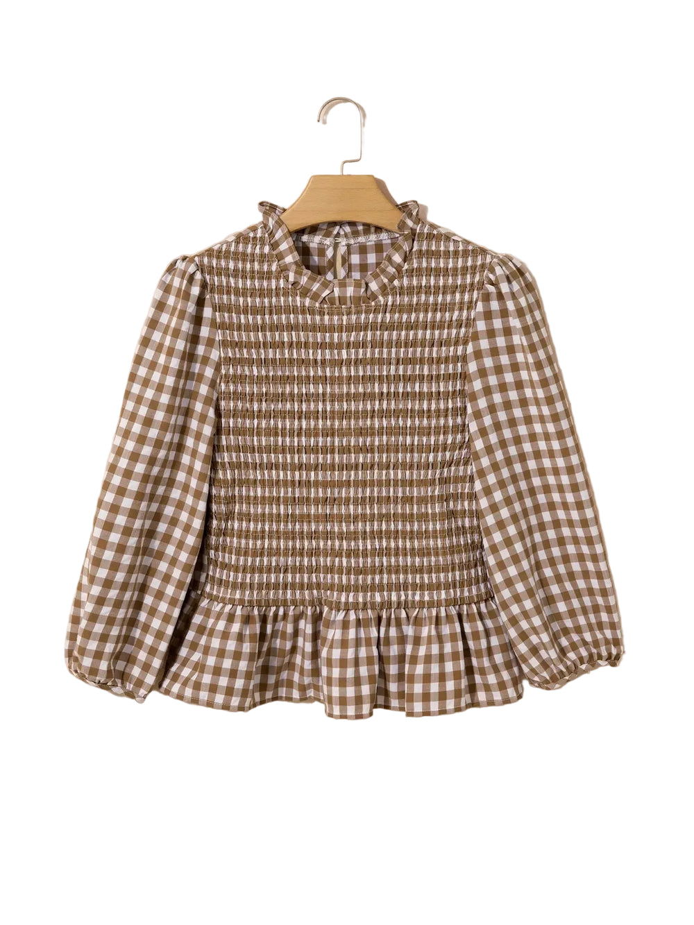 Buffalo Belle - Womens Gingham Smocked 3/4 Sleeve Ruffle Blouse