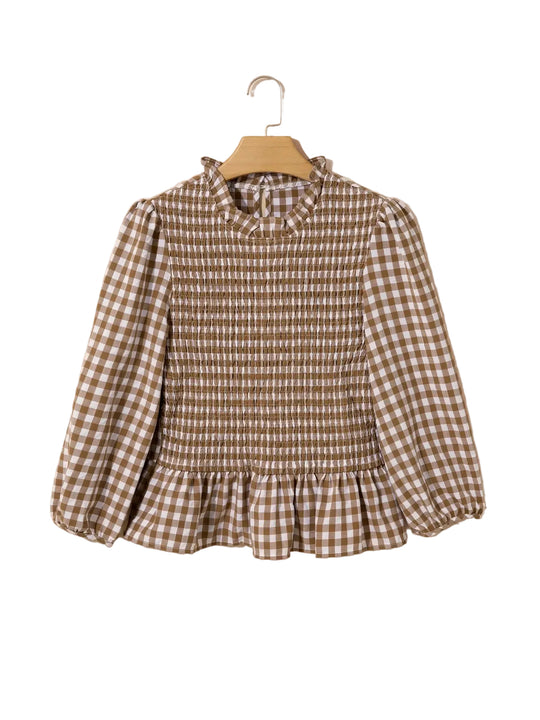 Buffalo Belle - Womens Gingham Smocked 3/4 Sleeve Ruffle Blouse