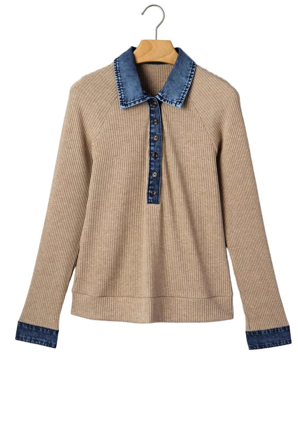 Buffalo Belle - Women's Denim Patchwork Ribbed Knit Polo Collared Top