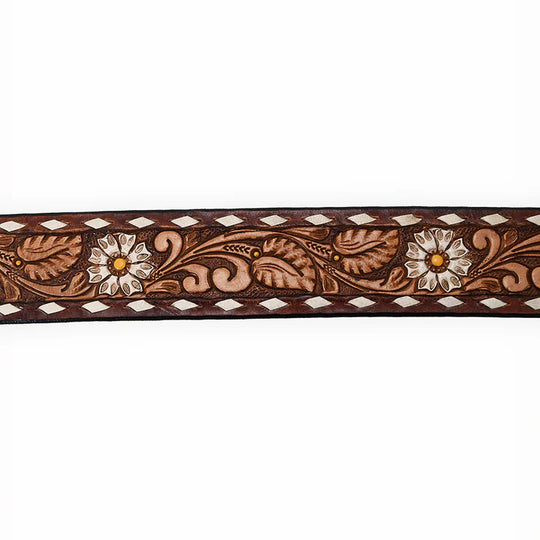 American Darling - Emery Handtooled Western Leather Belt White Daisy Floral Design With Matching Buckle