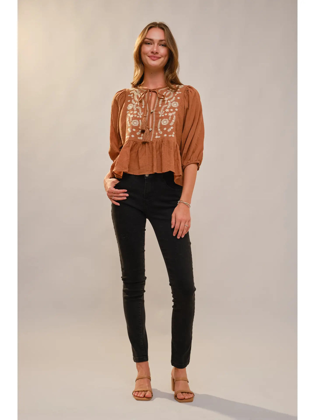 Buffalo Belle - Gabby 3/4 Puff Sleeve Embroidered Peplum Blouse